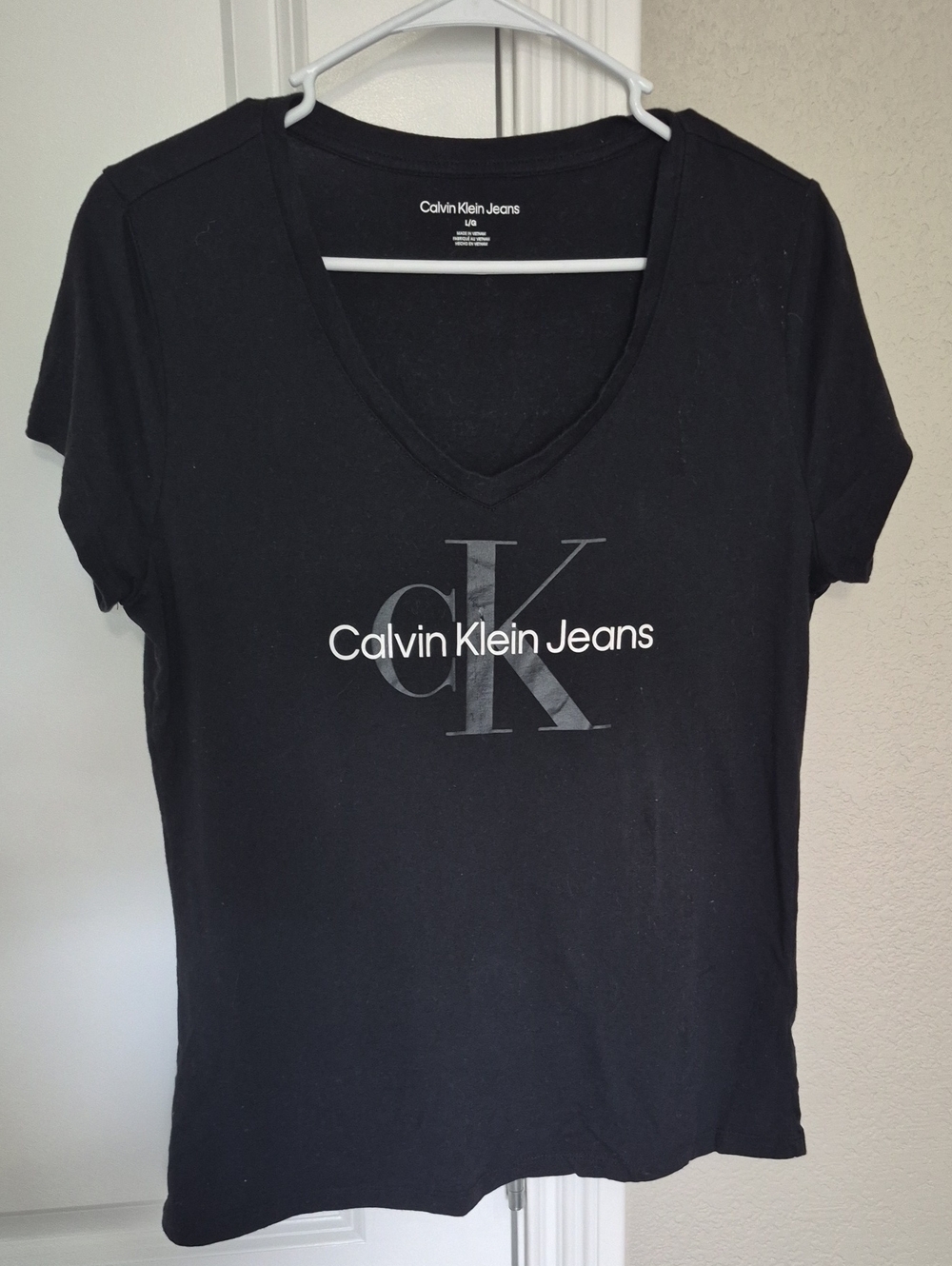 Calvin Klein Jeans Black V-Neck Logo Tee with Gray CK Print